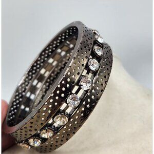 Black Metal Bangle Bracelet With Clear Rhinestones & Perforated Design